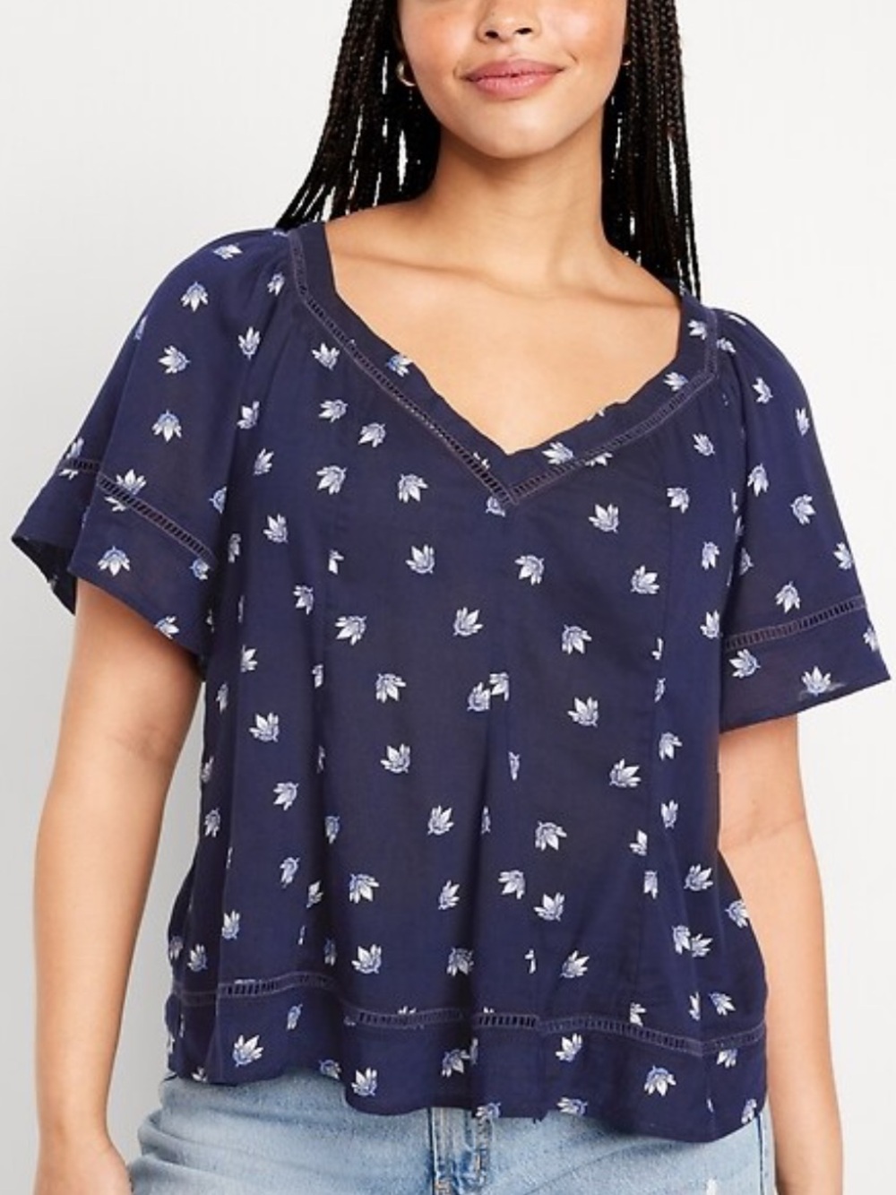 Old Navy Navy Blue Floral Flowy Boho Peasant V-Neck Top